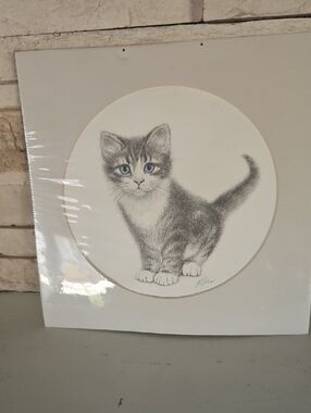 Signed Virginia Miller Charcoal Drawing of Blue Eyed Kitten.